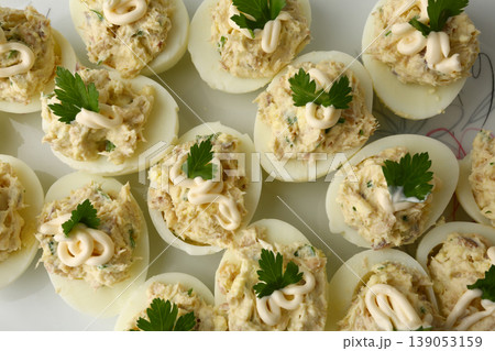 Eggs Raw and Cooked Stuffed Eggs Food Concept Eggs Raw and Cooked Stuffed Eggs Food Concept 139053159
