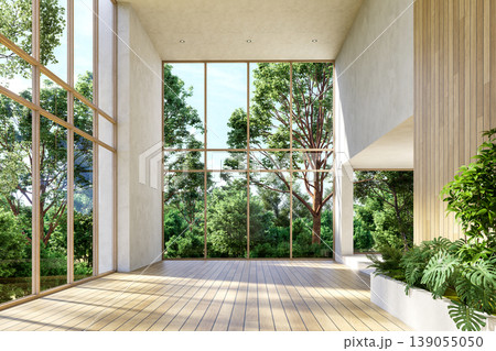 Modern contemporary empty room with double-height ceiling and large windows overlooking lush green trees 3d render 139055050