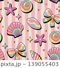 Colorful pastel rainbow seashells and starfish with cute bows on soft striped background seamless pattern in playful summer beach style 139055403