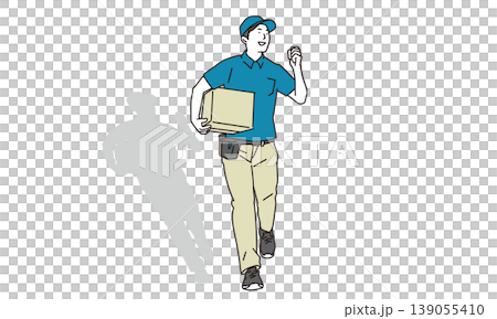 荷物を抱えて走る男性の配達スタッフの全身イラスト素材 荷物を抱えて走る男性の配達スタッフの全身イラスト素材 139055410