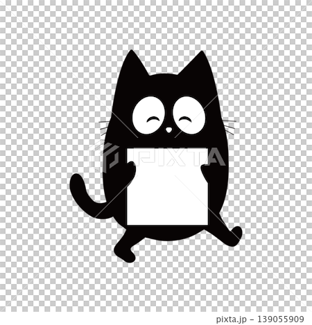 A smiling black cat illustration holding a card; a relaxed, hand-drawn style; includes copy space. A smiling black cat illustration holding a card; a relaxed, hand-drawn style; includes copy space. 139055909