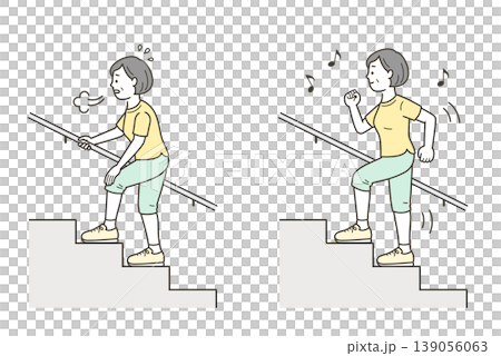 元気に階段を上るミドル世代の女性と辛そうな女性のイラスト 元気に階段を上るミドル世代の女性と辛そうな女性のイラスト 139056063