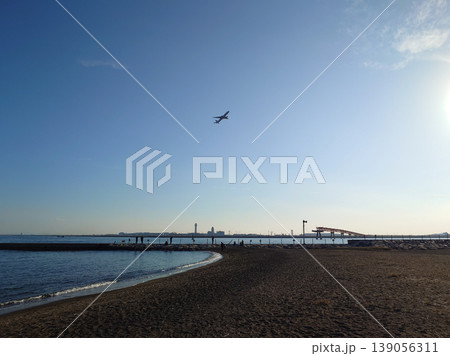 若洲海浜公園の海岸と上空を飛ぶ飛行機 若洲海浜公園の海岸と上空を飛ぶ飛行機 139056311