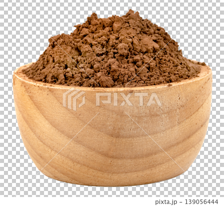 Fine cocoa powder overflowing in a rustic wooden bowl isolated. High quality ingredient for baking, chocolate making, and hot cocoa drinks. Natural and organic food concept. Fine cocoa powder overflowing in a rustic wooden bowl isolated. High quality ingredient for baking, chocolate making, and hot cocoa drinks. Natural and organic food concept. 139056444