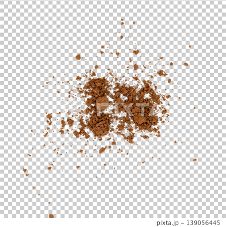 Scattered cocoa powder or coffee grounds. Overhead view of brown crushed powder texture with clumps and fine particles. Concept of food ingredients or cosmetic makeup. Scattered cocoa powder or coffee grounds. Overhead view of brown crushed powder texture with clumps and fine particles. Concept of food ingredients or cosmetic makeup. 139056445