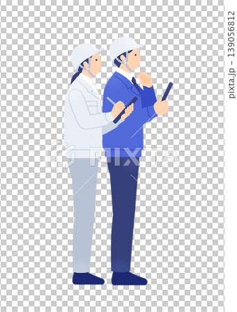 一幅男女戴著頭盔的全身側面輪廓插圖，圖中一名田野工作人員正在用平板電腦進行記錄和檢查。 139056812