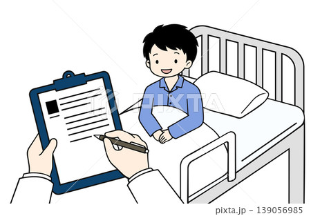 入院中の患者とカルテに記入する医師の手元 139056985