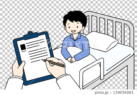 入院中の患者とカルテに記入する医師の手元 139056985