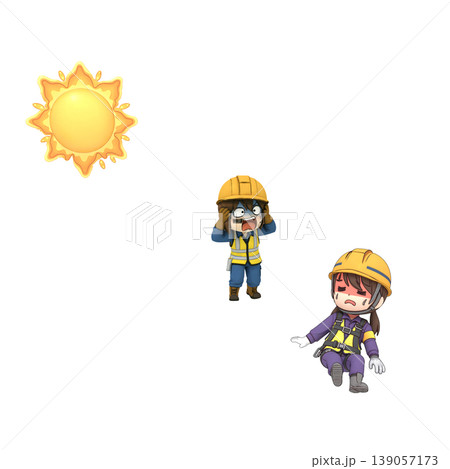 夏の建設土木工事現場の熱中症で倒れた作業員と驚く現場代理人 夏の建設土木工事現場の熱中症で倒れた作業員と驚く現場代理人 139057173