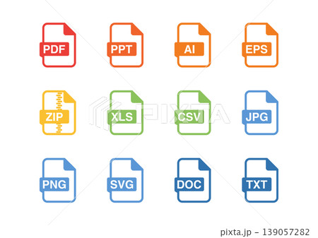 カラフルなファイル形式アイコンセット|PDF・PPT・AI・EPS・ZIP・XLS・CSV・JPG・ カラフルなファイル形式アイコンセット|PDF・PPT・AI・EPS・ZIP・XLS・CSV・JPG・ 139057282
