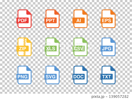 カラフルなファイル形式アイコンセット|PDF・PPT・AI・EPS・ZIP・XLS・CSV・JPG・ カラフルなファイル形式アイコンセット|PDF・PPT・AI・EPS・ZIP・XLS・CSV・JPG・ 139057282