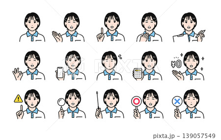 ポロシャツ姿の若い女性スタッフのビジネス向け表情アイコンセット 139057549