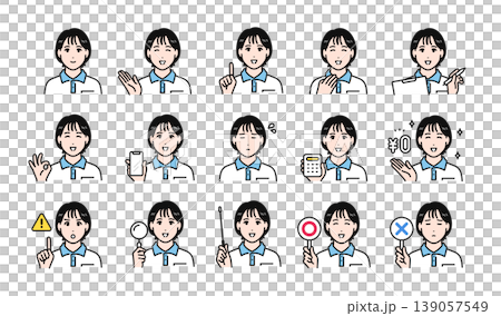 ポロシャツ姿の若い女性スタッフのビジネス向け表情アイコンセット 139057549