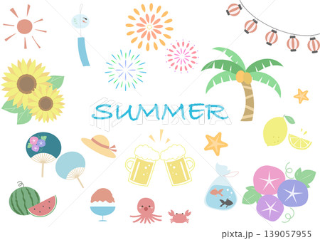 夏のモチーフセットイラスト かわいい季節素材集 夏のモチーフセットイラスト かわいい季節素材集 139057955