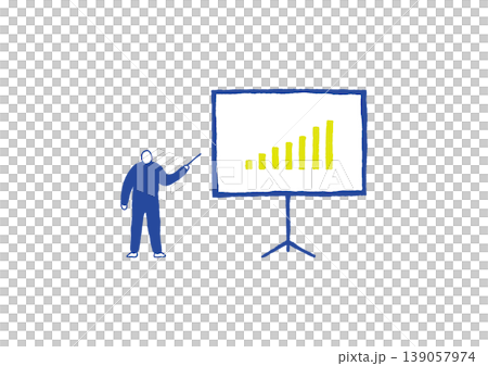 A hand-drawn illustration (blue and yellow) of a presenter holding a conductor's baton, standing slightly to the left of the screen. 139057974