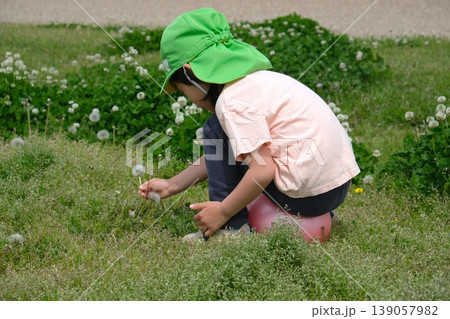 公園でタンポポの綿毛を摘むカラー帽子の子供 公園でタンポポの綿毛を摘むカラー帽子の子供 139057982