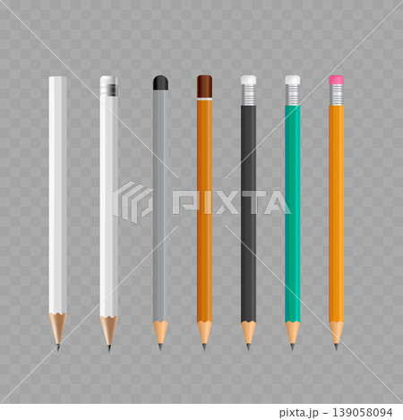 Realistic Wooden Pencil Mockup Set. Vector Blank White, Black and Yellow Stationery Templates with Eraser. Realistic Wooden Pencil Mockup Set. Vector Blank White, Black and Yellow Stationery Templates with Eraser. 139058094