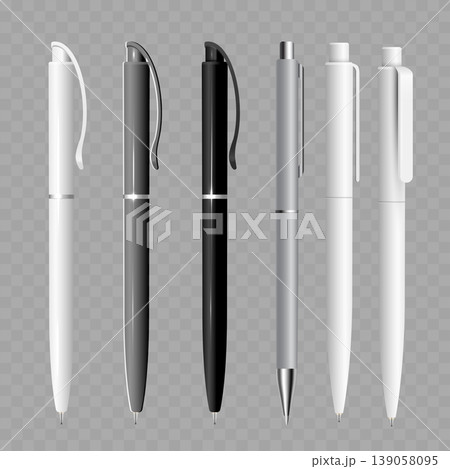 Realistic Ballpoint Pen Mockup Set. Vector Blank White, Black and Silver Stationery Templates for Corporate Branding. Realistic Ballpoint Pen Mockup Set. Vector Blank White, Black and Silver Stationery Templates for Corporate Branding. 139058095
