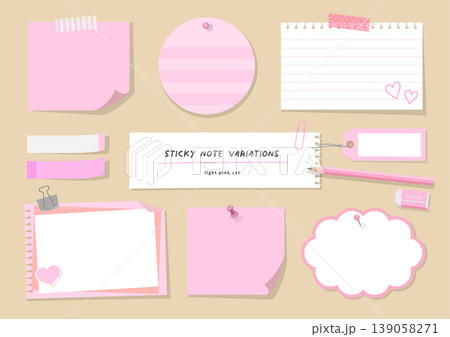 ピンク系のかわいい付箋とメモ用紙のセット（文房具・コピースペース・デザイン素材） 139058271