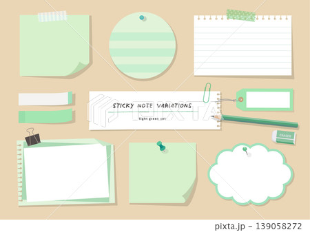 ライトグリーンの付箋とノートのバリエーションセット（メモ・文房具・背景素材） 139058272
