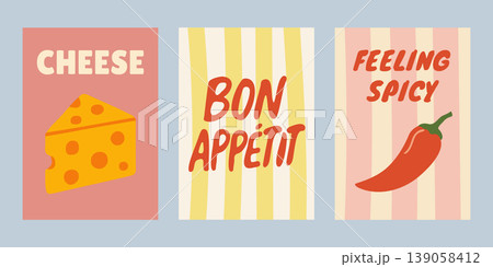 Funky retro wall decor with food motifs and catchy phrases. Pop art style poster set with colorful text and graphics. Funky retro wall decor with food motifs and catchy phrases. Pop art style poster set with colorful text and graphics. 139058412