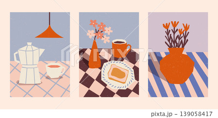 Cozy morning coffee and bread poster bundle. Warm vintage food and beverage poster set. 139058417