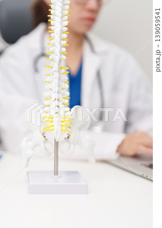 Doctor with human Spine anatomy model. Spinal Cord Disorder and disease, Back pain, Lumbar, Sacral pelvis, Cervical neck, Thoracic, Coccyx, Orthopedist, chiropractic, Office Syndrome and health 139059541