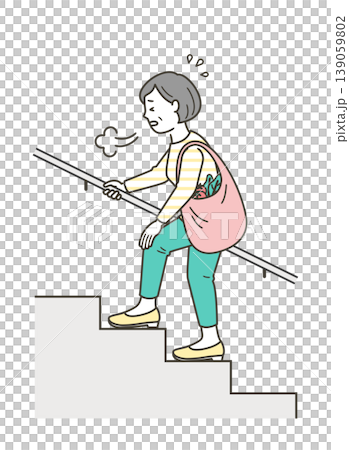Illustration of a middle-aged woman sighing and climbing the stairs Illustration of a middle-aged woman sighing and climbing the stairs 139059802