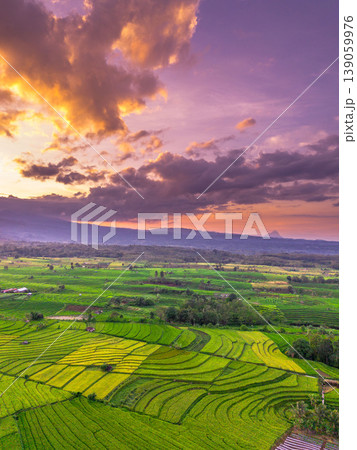Beautiful morning view in Indonesia, panoramic landscape of rice fields with mountain ranges and clear sky Beautiful morning view in Indonesia, panoramic landscape of rice fields with mountain ranges and clear sky 139059976