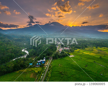 Beautiful morning view in Indonesia, panoramic landscape of rice fields with mountain ranges and clear sky 139060005
