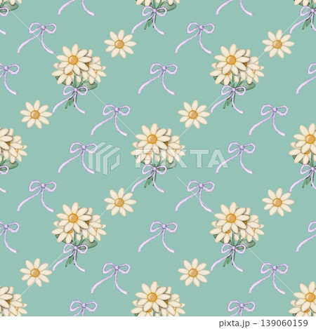 Seamless pattern of Daisy cartoon, background  Bluish green color . Hand drawn watercolor illustration. For menus, labels, paper, textiles and seasonal fabric. 139060159