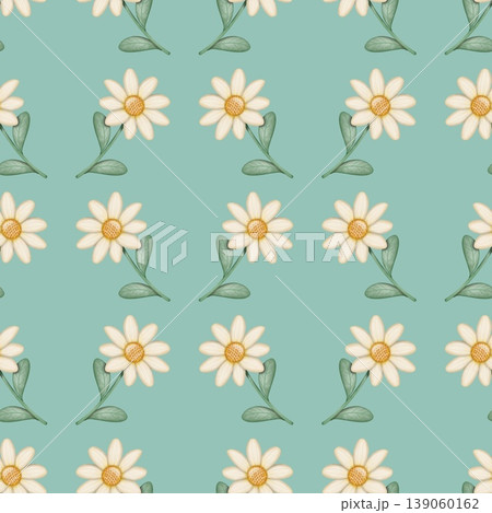 Seamless pattern of Daisy cartoon, background  Bluish green color . Hand drawn watercolor illustration. For menus, labels, paper, textiles and seasonal fabric. 139060162
