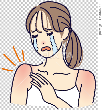 一名女子因曬傷引起的皮膚問題(發紅、刺痛、紫外線損傷)而哭泣。 一名女子因曬傷引起的皮膚問題(發紅、刺痛、紫外線損傷)而哭泣。 139060252