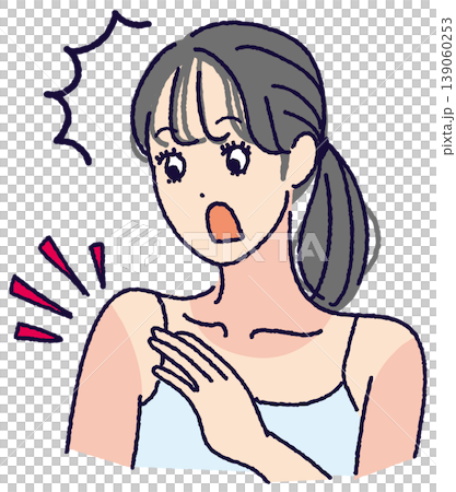 一幅描繪年輕女子對自己曬痕感到驚訝的插圖。 一幅描繪年輕女子對自己曬痕感到驚訝的插圖。 139060253