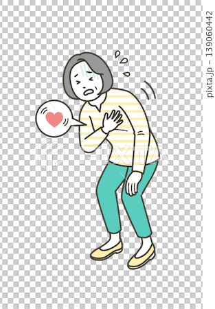 一位中年婦女摀著胸口,似乎因心悸而感到疼痛。 一位中年婦女摀著胸口,似乎因心悸而感到疼痛。 139060442