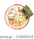 上から見た雷紋どんぶりの醤油ラーメン手描き透明水彩 139060593