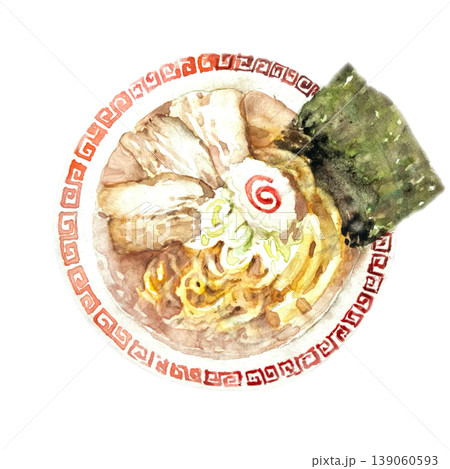 上から見た雷紋どんぶりの醤油ラーメン手描き透明水彩 139060593
