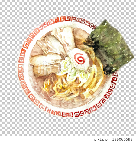 A top view of a thunder pattern bowl of soy sauce ramen, hand-painted with transparent watercolors. 139060593