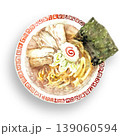 上から見た雷紋どんぶりの醤油ラーメン手描き透明水彩、自然な影付き 139060594