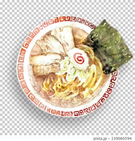 從上往下看，一碗醬油拉麵飾有雷電圖案，採用透明水彩和自然陰影手工繪製而成。 139060594