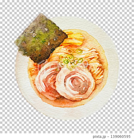 手繪透明水彩畫，描繪了從上方視角看到的醬油拉麵。 139060595