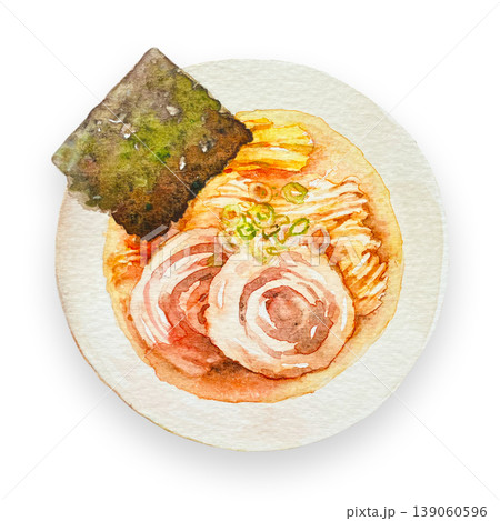 上から見た醤油ラーメン手描き透明水彩、自然な影付き 139060596