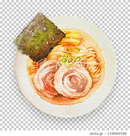 Hand-painted transparent watercolor of soy sauce ramen viewed from above, with natural shading. 139060596