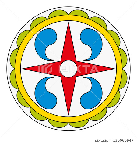 Hex sign with raindrops and star motif, used to attract harvest bounty. Four-pointed star for cardinal directions, with comma shaped water droplets, in the style of Pennsylvania Dutch folk art. Vector 139060947