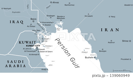 Head of the Persian Gulf, gray political map, with Kuwait, a country in West Asia and Middle East, in the edge of Arabian Peninsula, with Bubiyan Island, part of the Shatt al-Arab river delta. Vector Head of the Persian Gulf, gray political map, with Kuwait, a country in West Asia and Middle East, in the edge of Arabian Peninsula, with Bubiyan Island, part of the Shatt al-Arab river delta. Vector 139060949