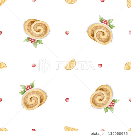 Christmas desserts watercolor seamless pattern on white. Round candies, Yule log cake and dried orange slice for New Year's repeat background. Festive hand drawn winter sweet food minimalist backdrop 139060986