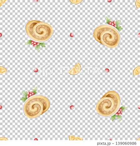 Christmas desserts watercolor seamless pattern on white. Round candies, Yule log cake and dried orange slice for New Year's repeat background. Festive hand drawn winter sweet food minimalist backdrop 139060986