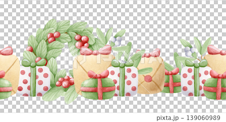 Christmas gift boxes with bows, door fir wreaths and mistletoe watercolor seamless border isolated on white. Hand drawn kids presents in green, red and beige. Happy New Year repeat banner Christmas gift boxes with bows, door fir wreaths and mistletoe watercolor seamless border isolated on white. Hand drawn kids presents in green, red and beige. Happy New Year repeat banner 139060989