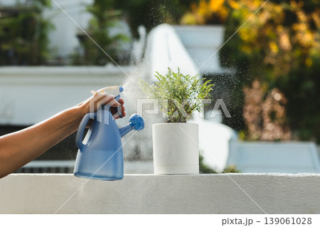 A gardener mists a small potted plant with spray bottle. 139061028