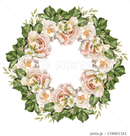 Pink roses wreath with flowers and green leaves. Circular botanical frame Pink roses wreath with flowers and green leaves. Circular botanical frame 139061161